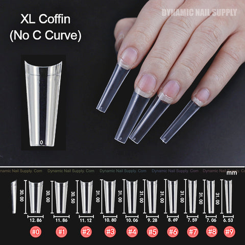 A hand wears 1XL Coffin No C-Curve Tips (XL Long, Clear); box of 500, sizes 0–9 with measurements shown below.