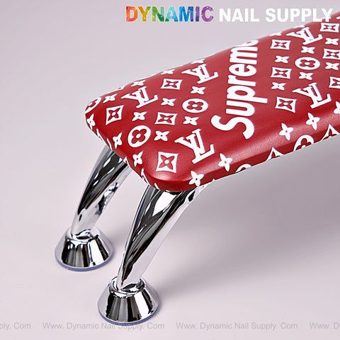 Dark Red 5upreme Pattern Handrest Armrest [R-M010] for manicure/pedicure, chrome legs, on a white background.