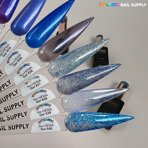 Six blue, silver, and purple Dynamic No-HEMA Gel Polish swatches (631–640) for healthier, allergy-safe nails.