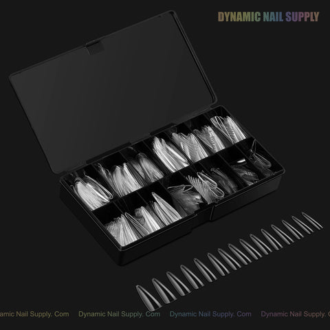 Sculpted Stiletto XL Full Cover Soft-Gel Nail Tips (Black Box), with tips in compartments and a front display.
