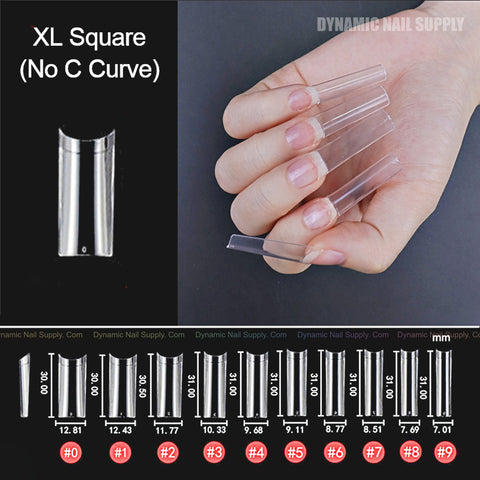 A hand holds XL Square Nail Tips (Not C-Curve); chart shows sizes #0–#10 with tip widths in millimeters.