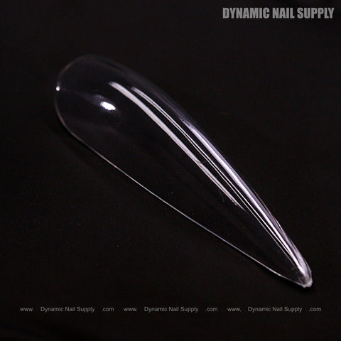 Sculpted Stiletto XL Full Cover Soft-Gel Nail Tips (Black Box) displayed on black with Dynamic Nail Supply text top right.