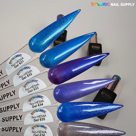 Five swatches in blue and purple shimmer, labeled Dynamic No-HEMA Gel Polish 631-640, bottles in background.