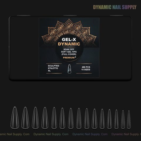 Sculpted Stiletto XL Full Cover Soft-Gel Nail Tips, 480 tips in 15 sizes, black box with gold mandala design.