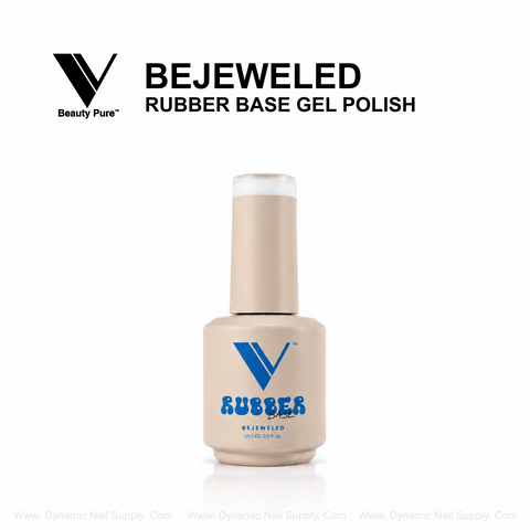 V Beauty Pure Bejeweled Rubber Base Gel Polish in beige, bottle labeled Rubber with bold blue text.