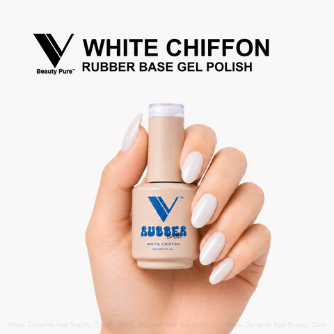 A hand with white nails holds V Beauty Pure White Chiffon Rubber Base Gel Polish for a milky finish against white.