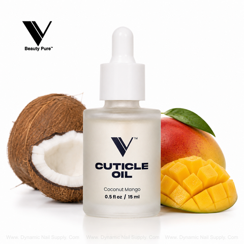 V Beauty Pure - Coconut Mango Cuticle Oil: Nourishing glass dropper for nails, enriched with a green leaf.