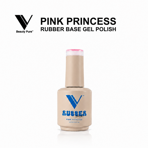 V Beauty Pure Pink Princess Rubber Base Gel Polish in beige bottle with blue text, pink cap, shown on white background.