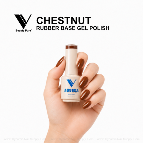 Hand with brown nails holds V Beauty Pure Chestnut Rubber Base Gel Polish bottle. Text and logo above.