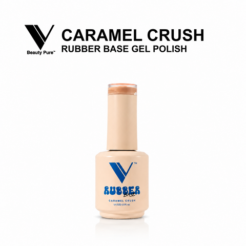 Beige bottle of V Beauty Pure Caramel Crush Rubber Base Gel, blue logo, white background, bold black text above.