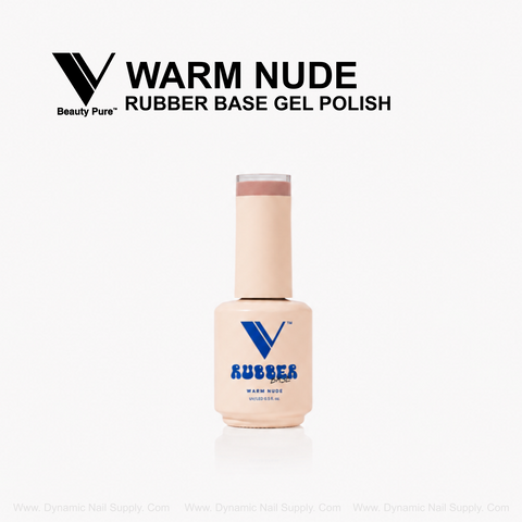 A beige Warm Nude V Beauty Pure Rubber Base Gel Polish bottle labeled Rubber on a white background.