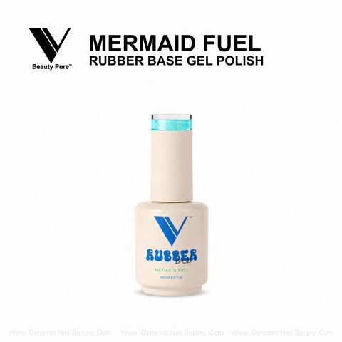Beige bottle, blue cap; V Beauty Pure - Mermaid Fuel Rubber Base Gel Polish in bold black above label.