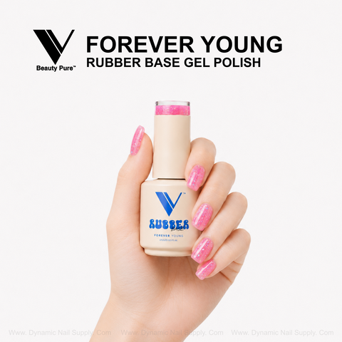 A hand with glitter hot pink nails holds V Beauty Pure Forever Young Rubber Base Gel Polish; “Forever Young” above.