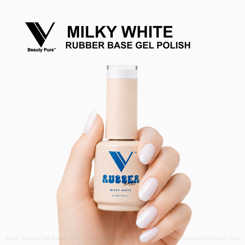 Hand holding Milky White - V Beauty Pure Rubber Base Gel Polish; glossy, strengthening shine on nails.
