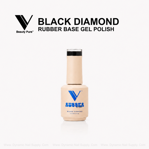 A beige bottle of V Beauty Pure - Black Diamond Rubber Base Gel Polish with a blue V logo on a white background.
