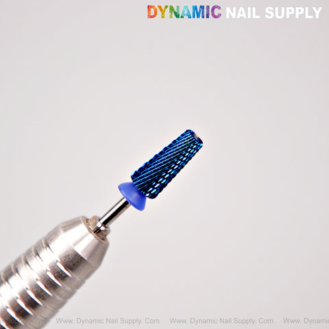 A close-up of a blue 5-in-1 Medium Cross Cut Drill Bit for shaping and smoothing, with DYNAMIC NAIL SUPPLY above.