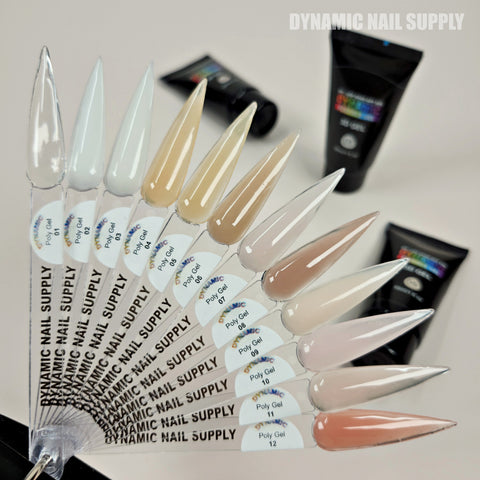 Twelve AcrylGel Poly Gel shades (Color 01-12) in neutrals fan out, ideal for flawless nail enhancements.