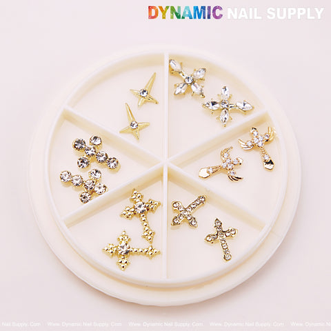 12pcs Gold with Silver Gems Cross Charm for Nails Art Design