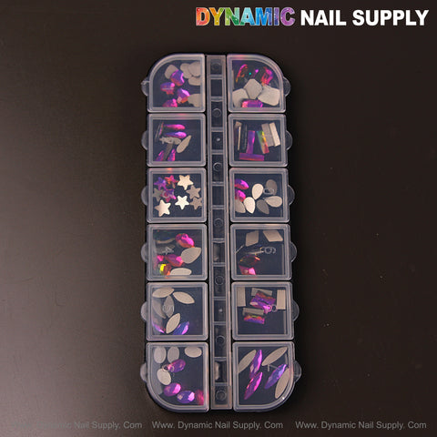 [Fuchsia AB 8] Mixed 12 Shapes Nail Art Rhinestone Gems in pink and silver, organized in a plastic box on black surface.