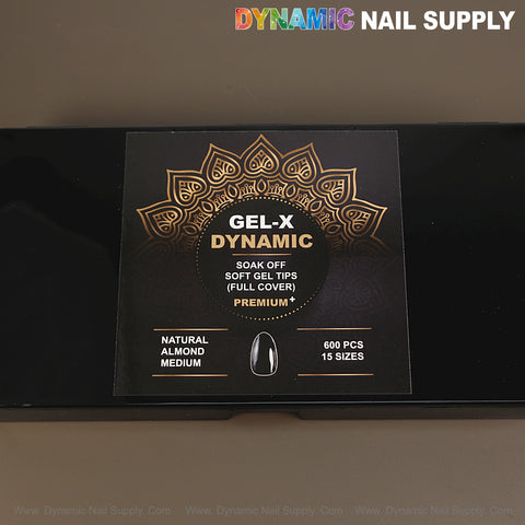 Black box labeled Natural Almond (Medium) Full Cover Soft-Gel Nail Tips, Dynamic Nail Supply, 600 count.