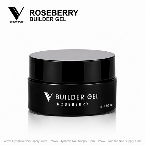 Roseberry - V Beauty Pure Builder Gel, 15ml black jar by Dynamic Nail Supply; logo & site on white background.