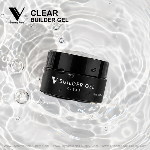 Clear - V Beauty Pure Builder Gel by Dynamic Nail Supply sits on water, promising a flawless, crystal-clear nail finish.