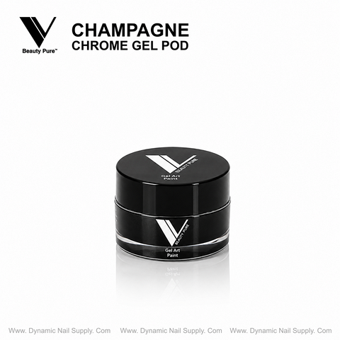 Champagne V Beauty Pure Chrome Gel Pod by Dynamic Nail Supply on white background with text above.