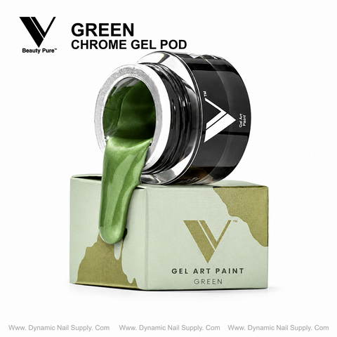 Chrome Gel Pod in Green by V Beauty Pure spills metallic green gel; gold V on box reads GEL ART PAINT GREEN. Nail art ready!.