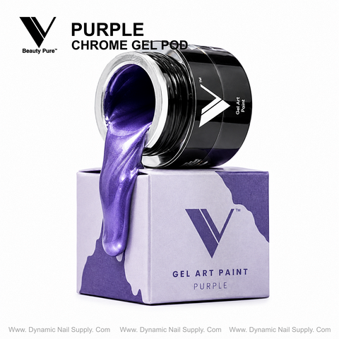 A jar of Purple - V Beauty Pure Chrome Gel Pod oozes onto its branded box, both marked Beauty Pure.