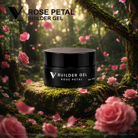 A Rose Petal - V Beauty Pure Builder Gel 15ml jar sits on moss with rose pink nail gel and scattered petals nearby.
