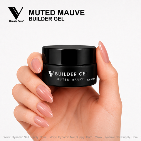 A hand with glossy muted mauve nails holds a jar of Muted Mauve - V Beauty Pure Builder Gel by Dynamic Nail Supply.