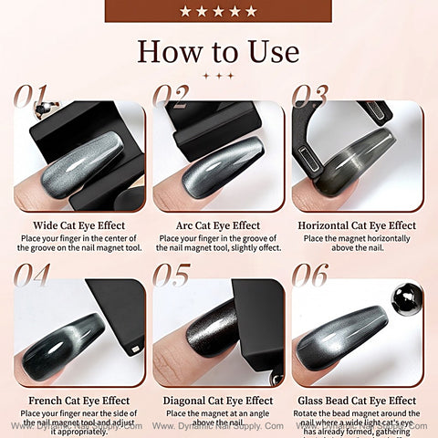 Six-step cat eye nail guide for silver nails using Black Cat Eye Nail Magnet U-Shape 5D—includes diagrams.