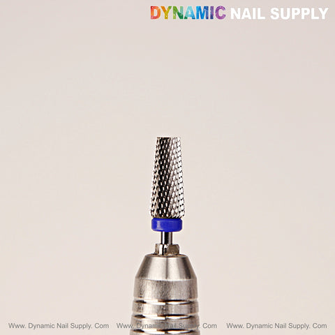 5-in-1 Medium Silver Tapered Flat-Top Carbide Nail Drill Bit is shown on a metallic base against a white background.