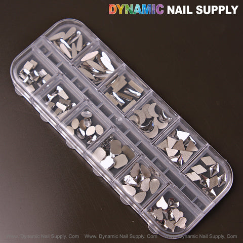 Silver 3 Mixed Nail Art Gems: 12 raindrop, square, heart & moon-shaped rhinestones in a plastic case.