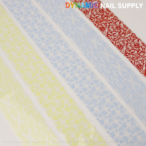Four floral lace nail art foils—blue, yellow, red, pink, white—from Nail Art Design Foils by DYNAMIC NAIL SUPPLY.