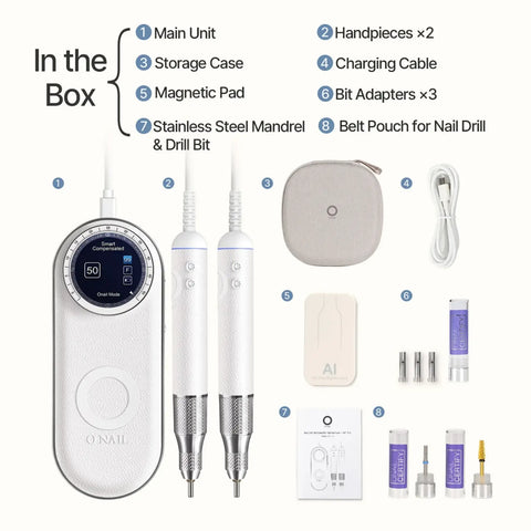 ONAIL Precision Portable AI Nail Drill kit includes 2 handpieces, pouch, adapters, case, pad, cables, bits & manual.
