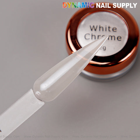 A clear nail swatch beside a jar of Pearl White Chrome Powder for glazed donut nails from Dynamic Nail Supply.