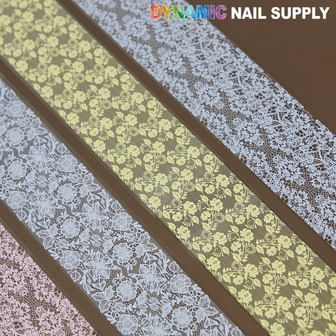 Six strips of pink, blue, white, and yellow mixed design nail foils for creative nail art by DYNAMIC NAIL SUPPLY.