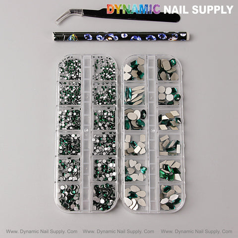 Two trays of [Green] multi-shape nail rhinestones, a pick-up tool, and DYNAMIC NAIL SUPPLY text above.