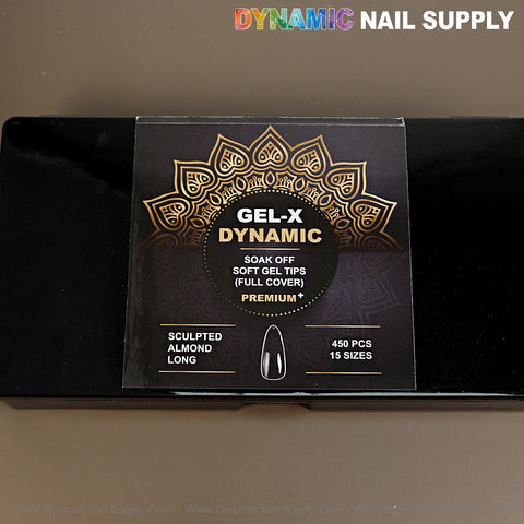 Black box of Sculpted Almond (Long) Full Cover Soft-Gel Nail Tips, 450pcs, by Dynamic Nail Supply.