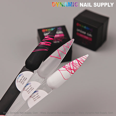 Three nail sticks show neon pink chrome spider gel art on matte black, matte white, and glossy white backgrounds.