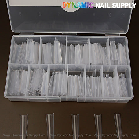 Ultra Thin 2XL Coffin Nail Tips, XXL extra long, clear, no C-curve—500pcs shown in and outside plastic case.