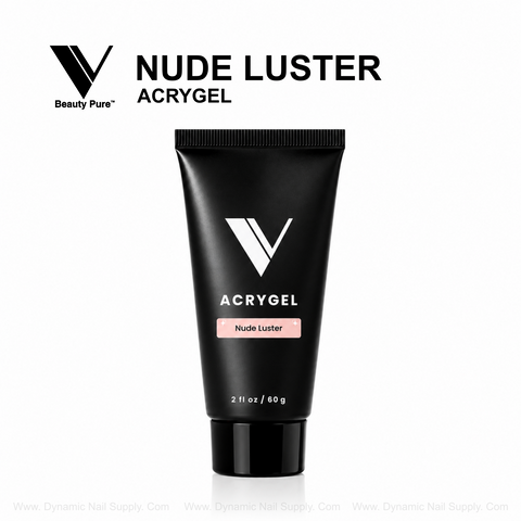 Nude Luster - V Beauty Pure AcryGel delivers salon-grade nails; bold logo pops on a sleek white background tube.