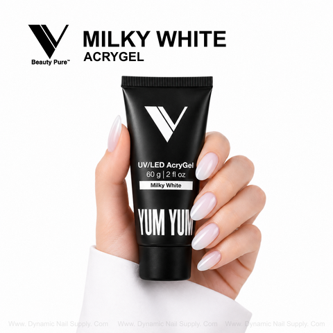 A hand with Milky White - V Beauty Pure AcryGel nails holds a black tube against a white background.