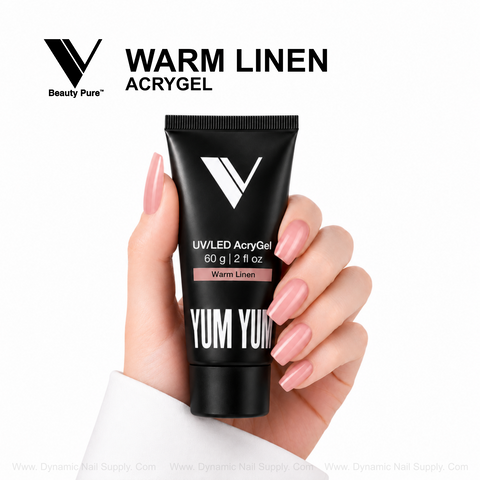 Glossy pink nails hold Warm Linen - V Beauty Pure AcryGel for pro-grade enhancements. White background.