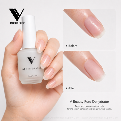 A hand uses V Beauty Pure - Nail Prep Dehydrator; close-ups show nails looking clearer and smoother after application.