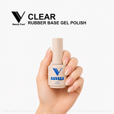 A manicured hand holds a V Beauty Pure - Clear Rubber Base Gel Polish bottle against a white background.