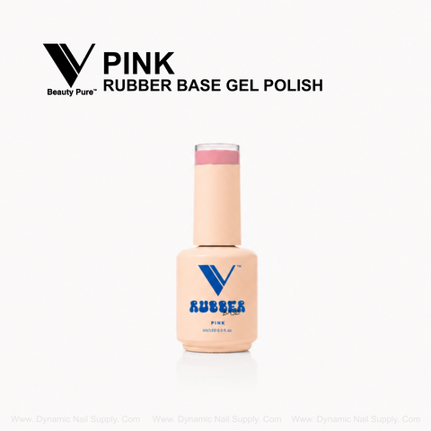 V Beauty Pure Pink Rubber Base Gel Polish strengthens nails; bottle has black and blue text on a white background.