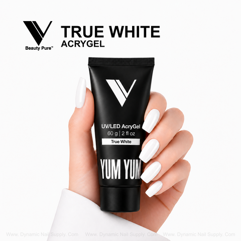 Long white nails hold a True White - V Beauty Pure AcryGel tube, ideal for flawless salon-style nail enhancements.