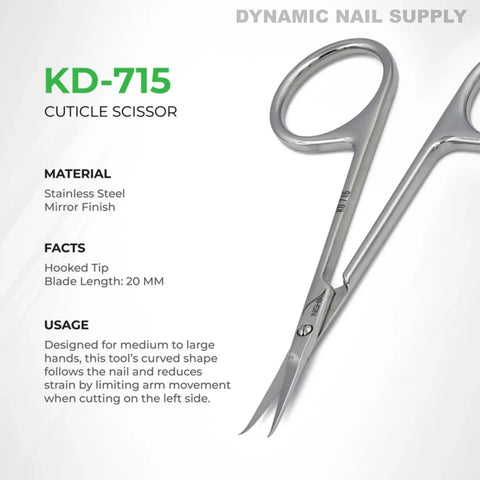 KD.715 Professional Cuticle Scissors with hooked tips, stainless steel, and large finger holes on a white background.